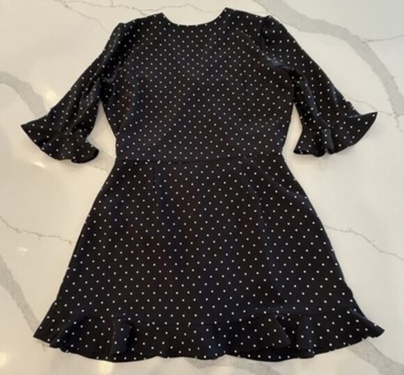 LOFT Black/White Polka Dot Wait Tie Faux Wrap 3/4 Sleeve Mini Skater Dress, Sz 8 - Picture 16 of 16